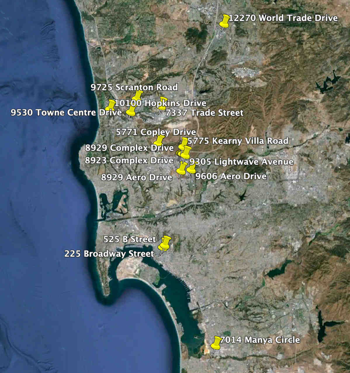 Map of commercial data centers in San Diego, California.